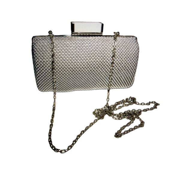 Kiss Lock Jessica McClintock Silver Beaded Mesh Clutch Bag Chain Crossbody - Picture 1 of 8